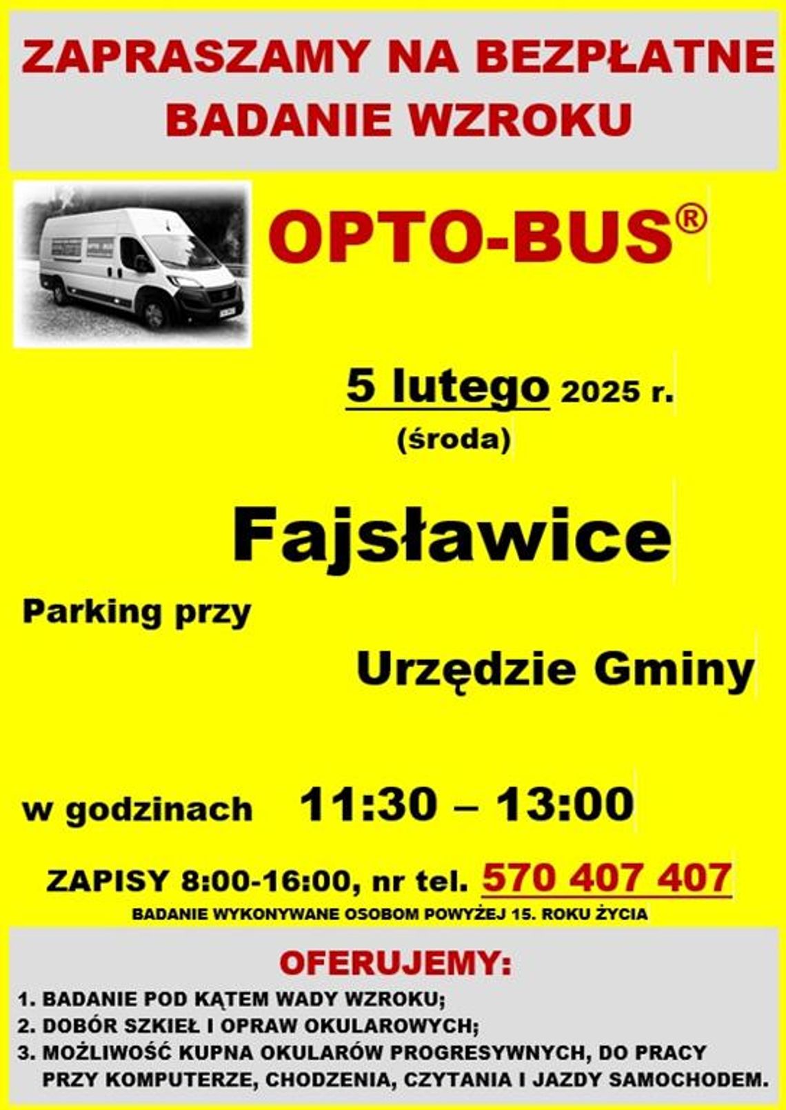 Plakat informuje o bezpłatnych badaniach wzroku, które odbędą się 5 lutego 2024r. na parkingu przy budynku urzędu gminy w Fajsławicach