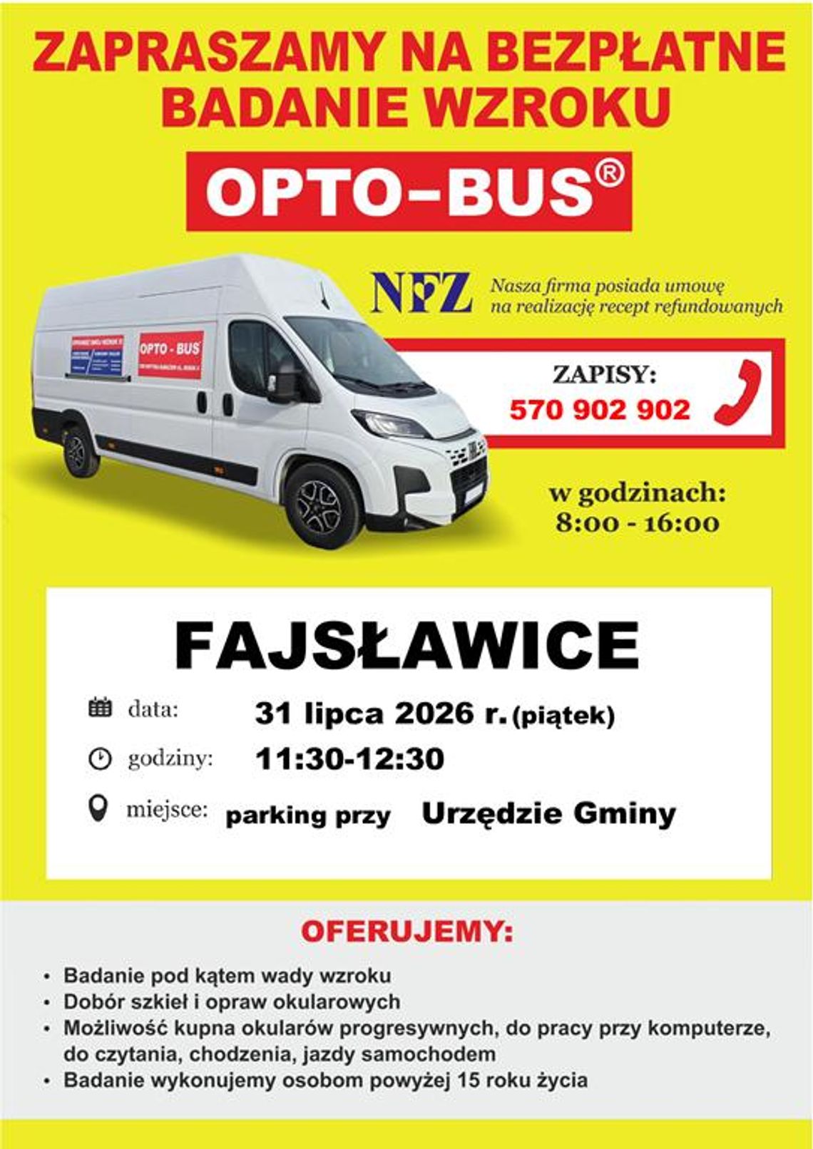 Plakat informuje o zapisach na bezpłatne badanie wzroku, które odbedzie się 31 lipca 2026r. na parkingu przy budynku Urzędu Gminy Fajsławice