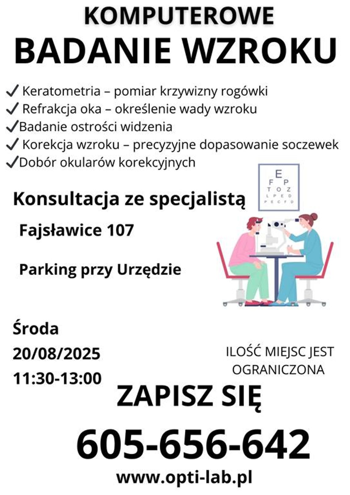 Plakat informuje o bezpłatnym komputerowym badaniu wzroku, które odbędzie się 20 sierpnia 2025r. na parkingu przy budynku Urzędu Gminy Fajsławice
