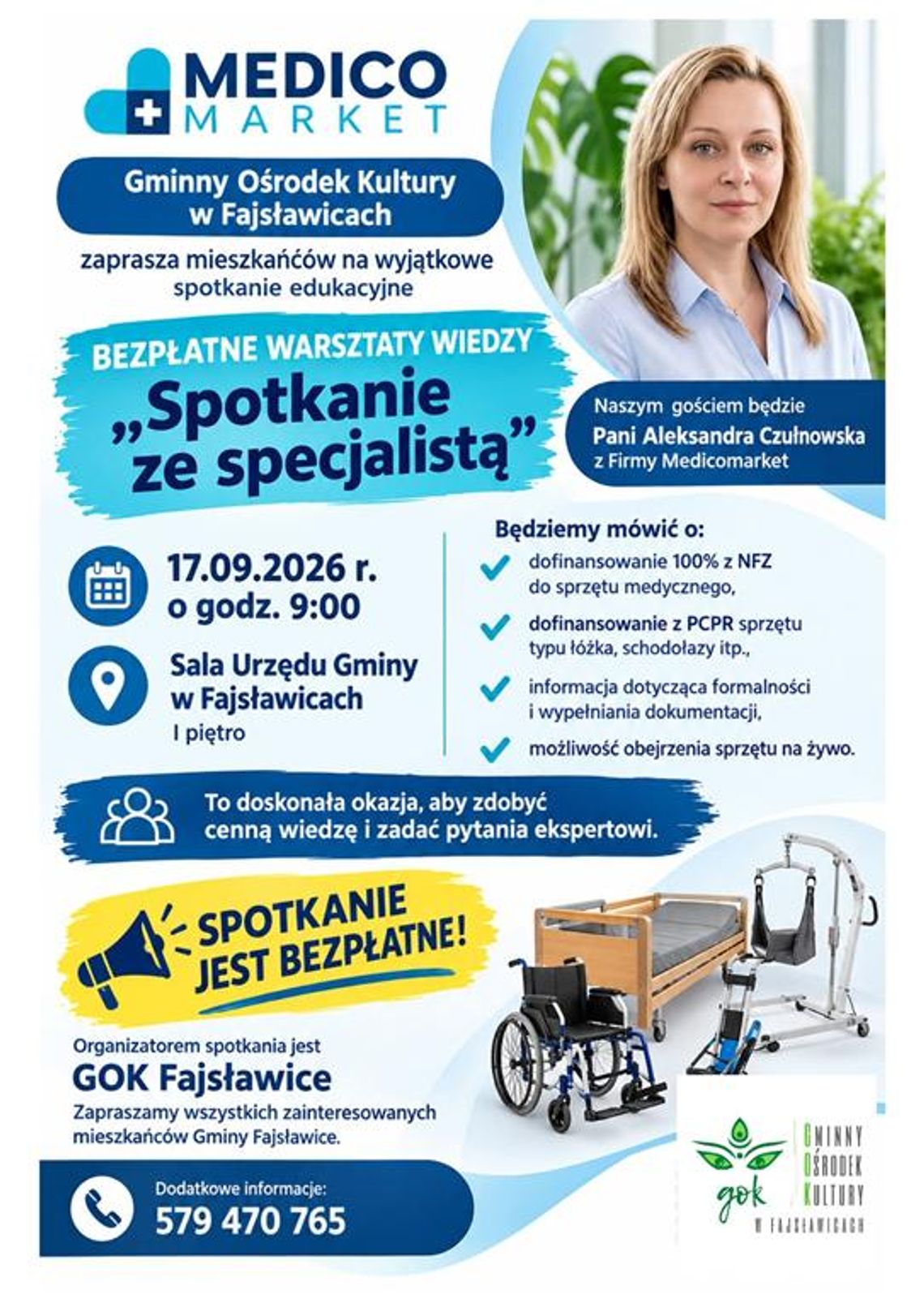 Zapraszamy na bezpłatne warsztaty wiedzy „Spotkanie ze specjalistą” Plakat informuje o bBezpłatnych warsztatach wiedzy „Spotkanie ze specjalistą”, które odbędzie się 17 września 2026r. w Urzędzie Gminy Fajsławice