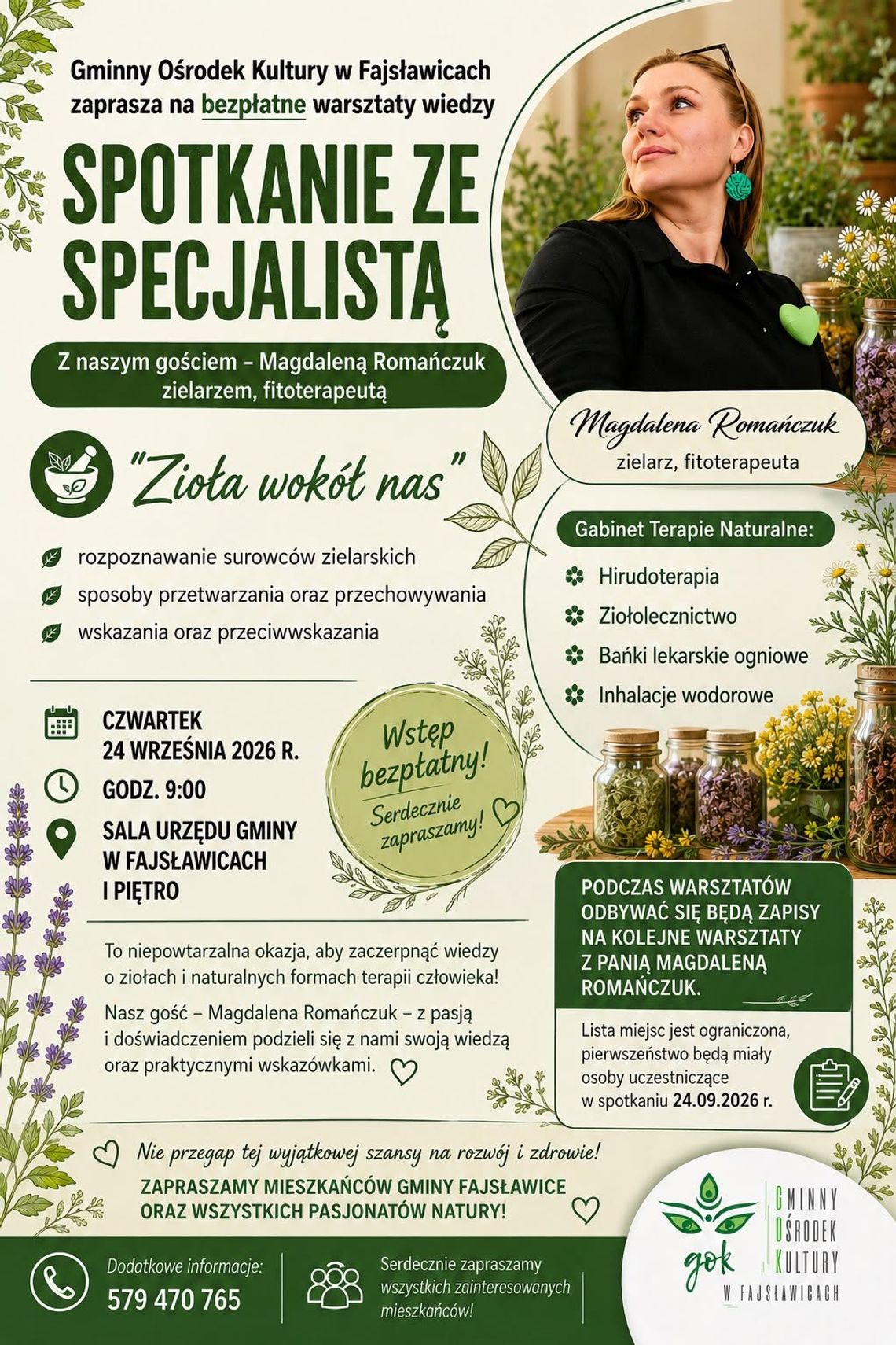 Plakat informuje o bezpłatnych warsztatach wiedzy „Spotkanie ze specjalistą”, które odbędą się 24 września 2026r. w sali obrad Urzędu Gminy Fajsławice