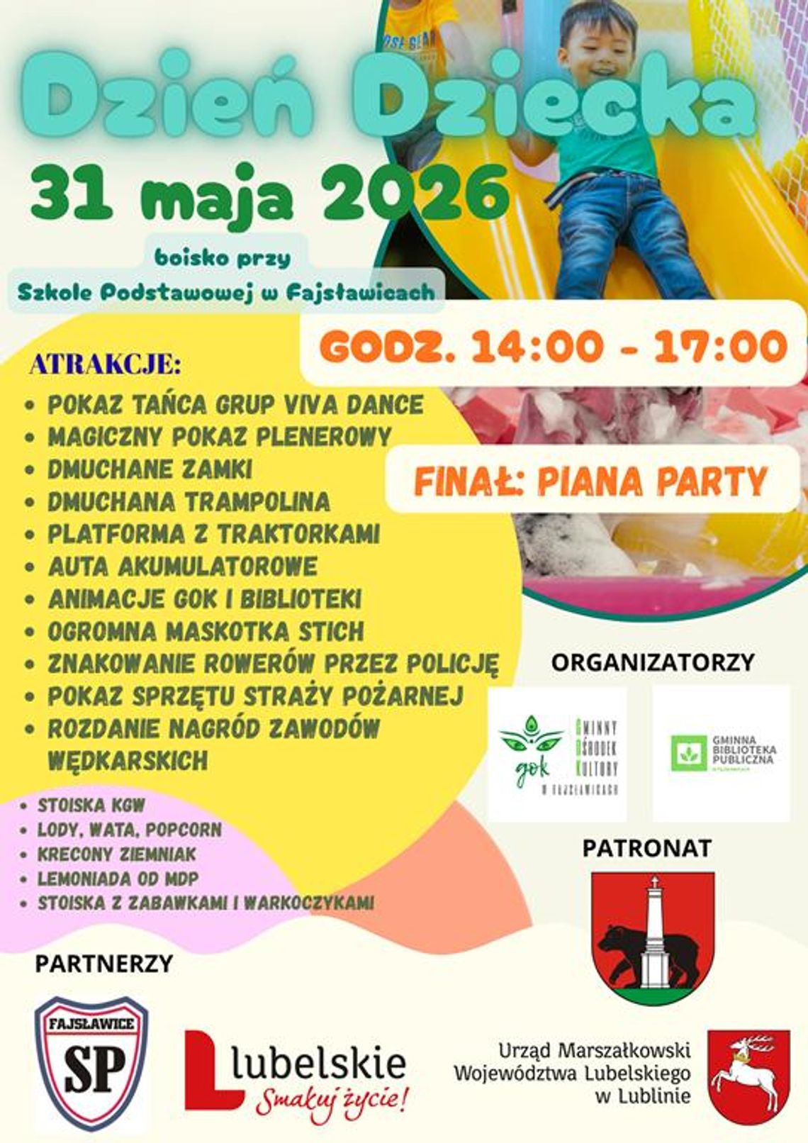 Zapraszamy na Dzień Dziecka w Gminie Fajsławice Plakat informuje o Dniu Dziecka, który odbędzie się w Gminie Fajsławice 31 maja 2026r.