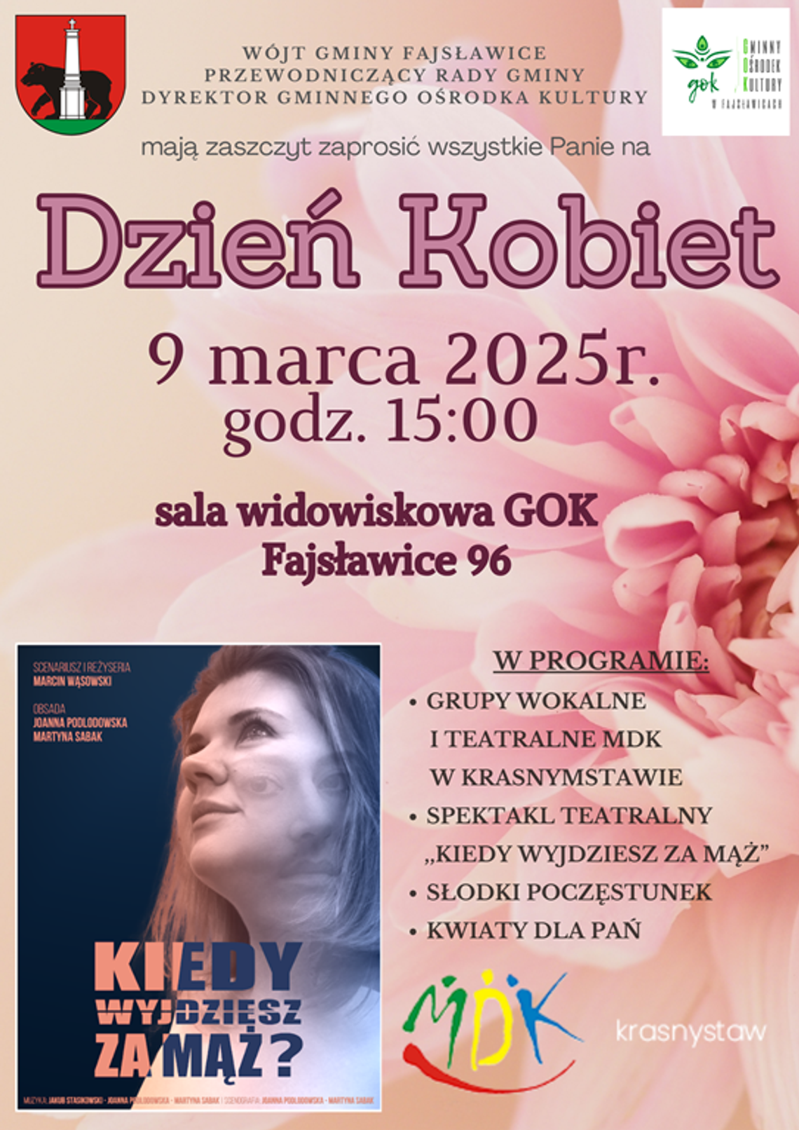 Plakat informuje o uroczystości Dnia Kobiet w Gminie Fajsławice, która odbędzie się 9 marca 20025r. o godzinie 15:00 w sali widowiskowej Gminnego Ośrodka Kultury w Fajsławicach