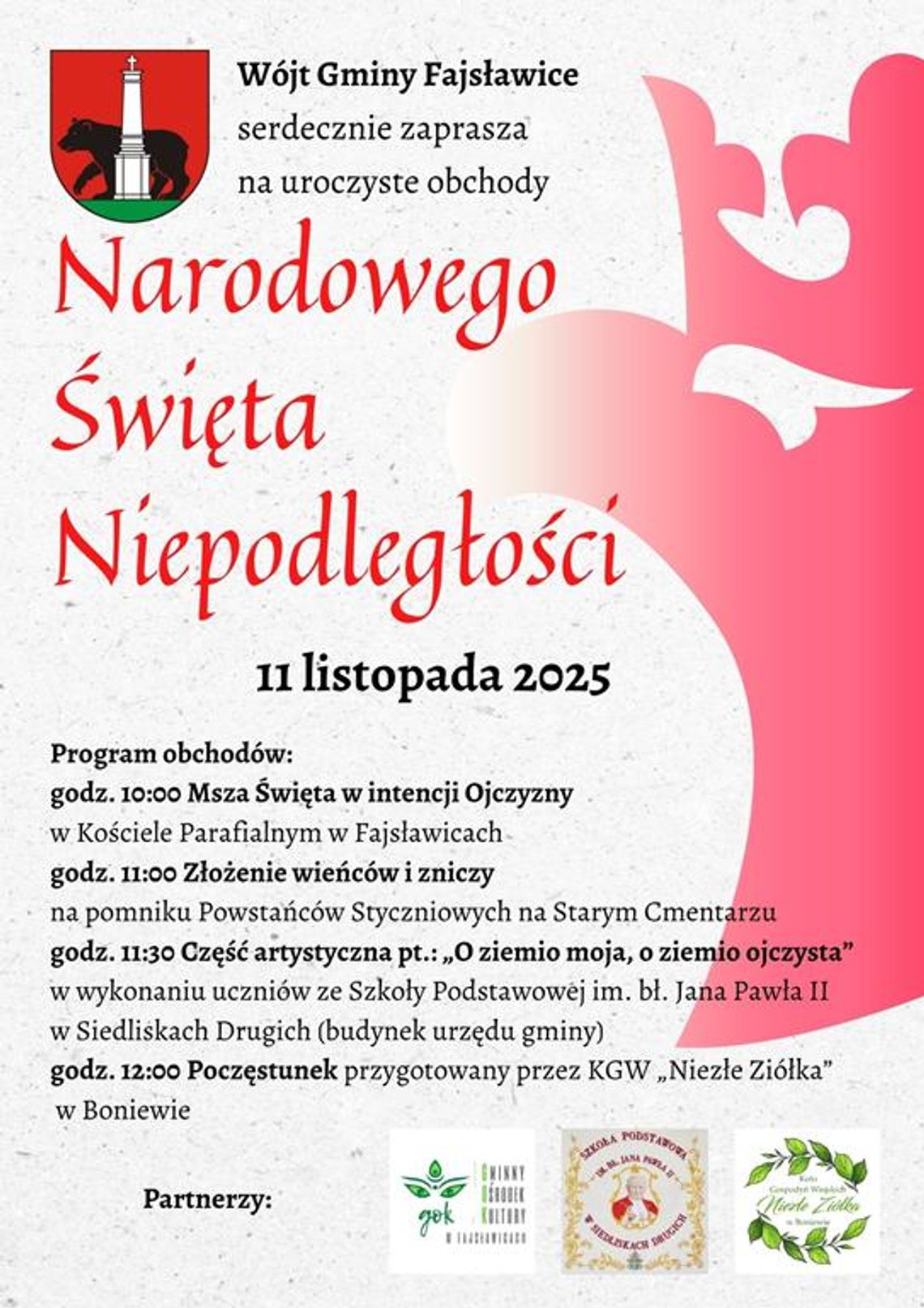 Plakat informuje o gminnych obchodach Narodowego Święta Niepodległości, które odbęda się 11 listopada 2025r.