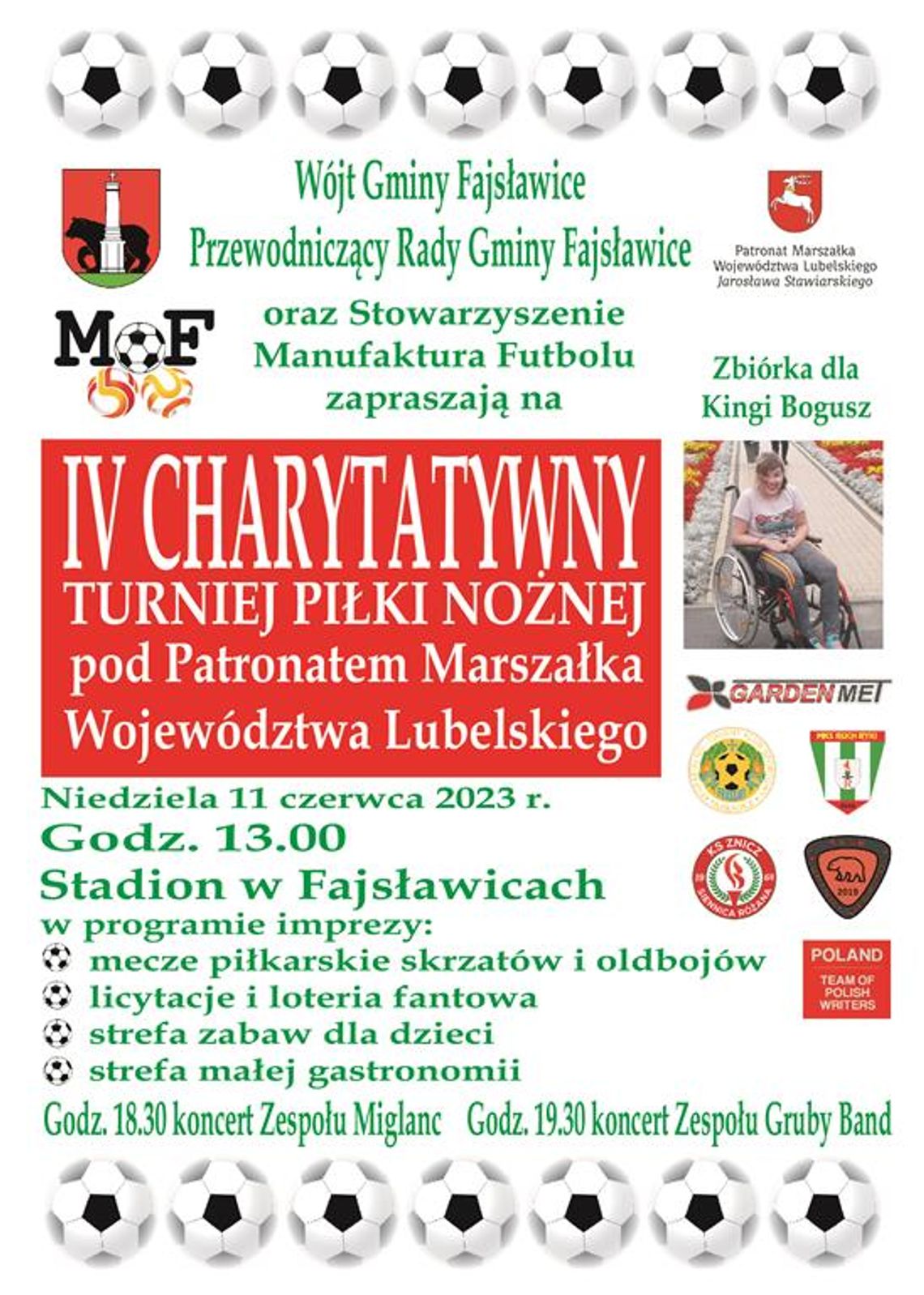 Plakat informuje o IV Charytatywnym Turnieju Piłki Nożnej pod Patronatem Marszałka Województwa Lubelskiego, który odbędzie się 11 czerwca 2023r. na boiskach sportowych w Fajsławicach