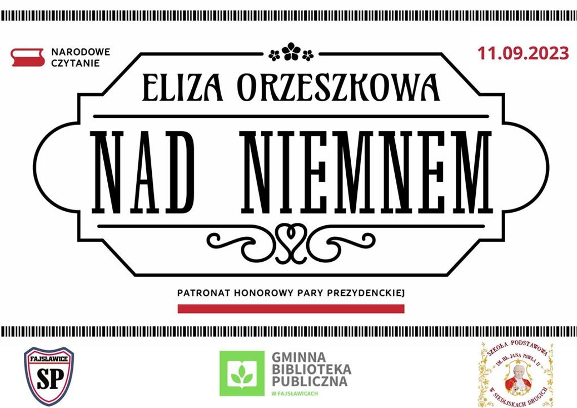 Plakat informuje o akcji Narodowego Czytania, która odbędzie się 11 września 2023r. o godzinie 10:00 na skwerku przy budynku Gminnego Ośrodka Kultury w Fajsławicach, Fajsławice 96