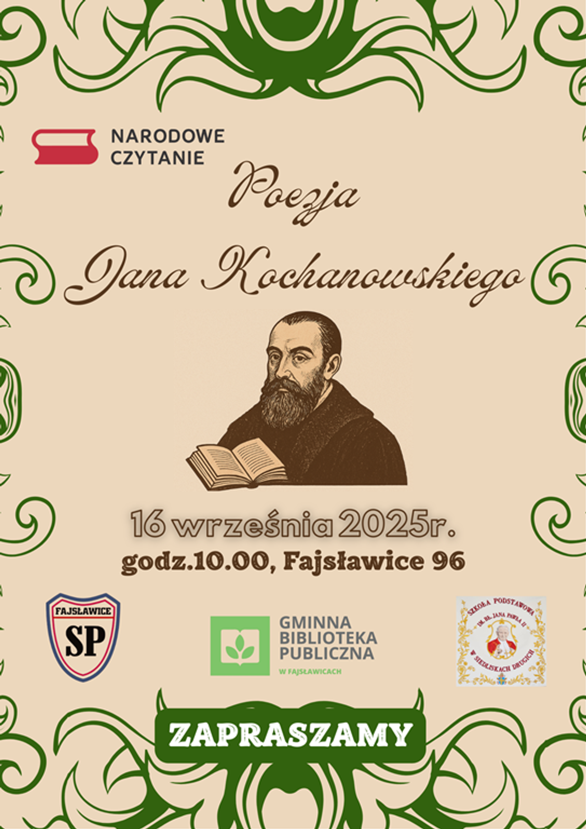 Plakat informuje wydarzeniu Narodowe Czytanie, które odbędzie się 16 września 2025r. w sali widowiskowej Gminnego Ośrodka Kultury w Fajsławicach