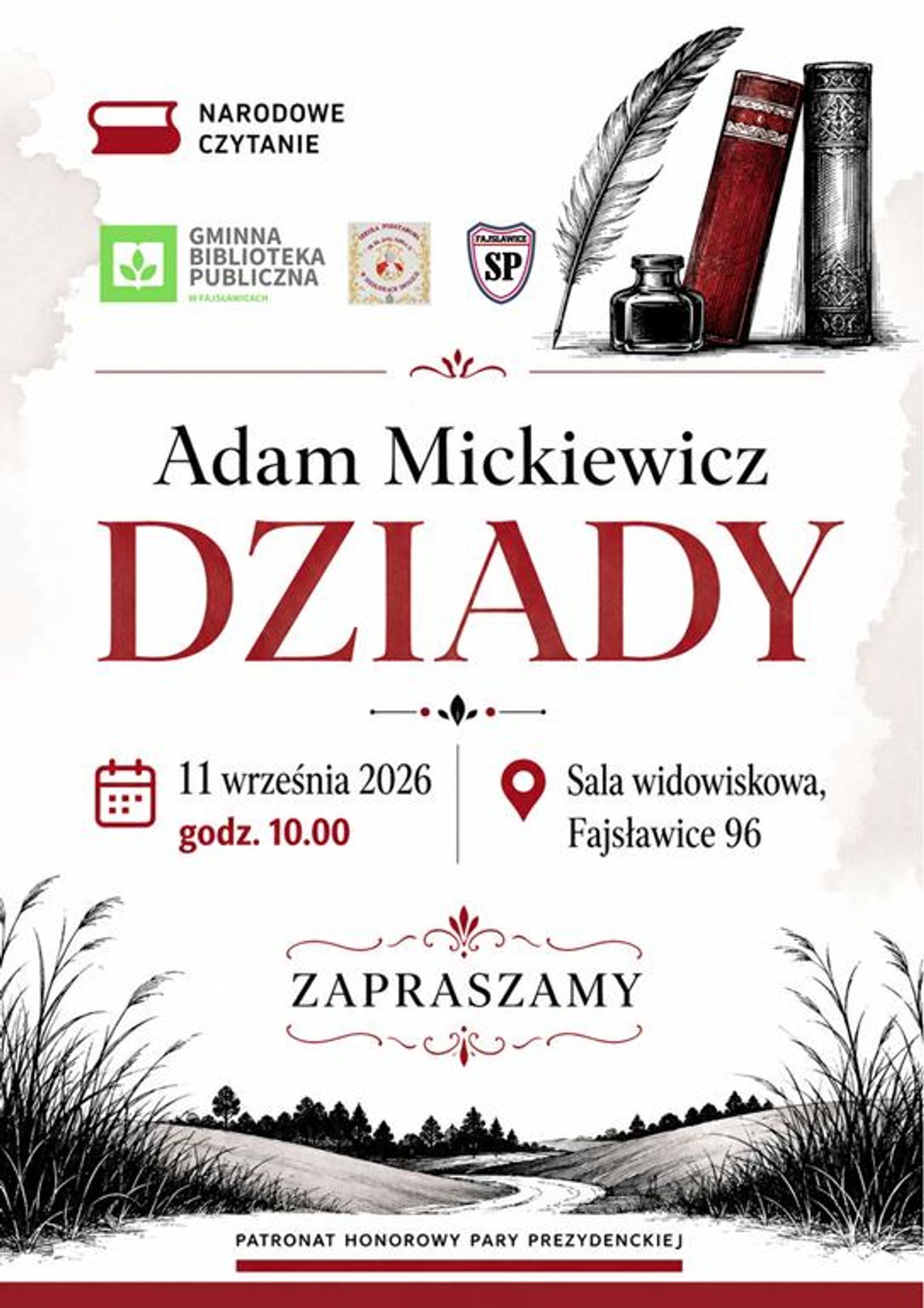 Zapraszamy na Narodowe Czytanie 2026 Plakat informuje o akcji Narodowego Czytania, która odbędzie się 11 września 2026r. w sali widowiskowej Gminnego Ośrodka Kultury w Fajsławicach