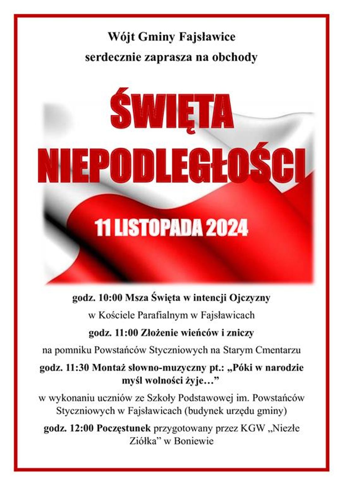 Plakat informuje o gminnych obchodach Narodowego Święta Niepodległości