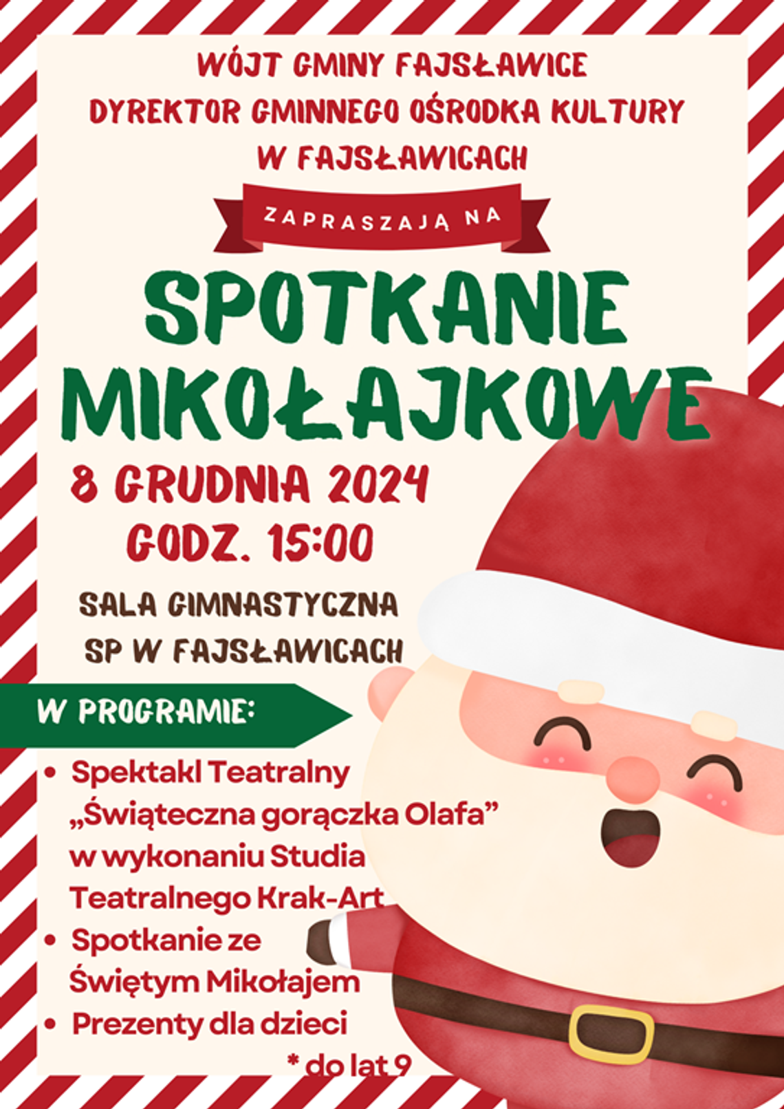 Plakat informuje o spotkaniu mikołajkowym, które odbędzie się 8 grudnia 2024r. o godz. 15:00 w sali gimnastycznej Szkoły Podstawowej im. Powstańców Styczniowych w Fajsławicach