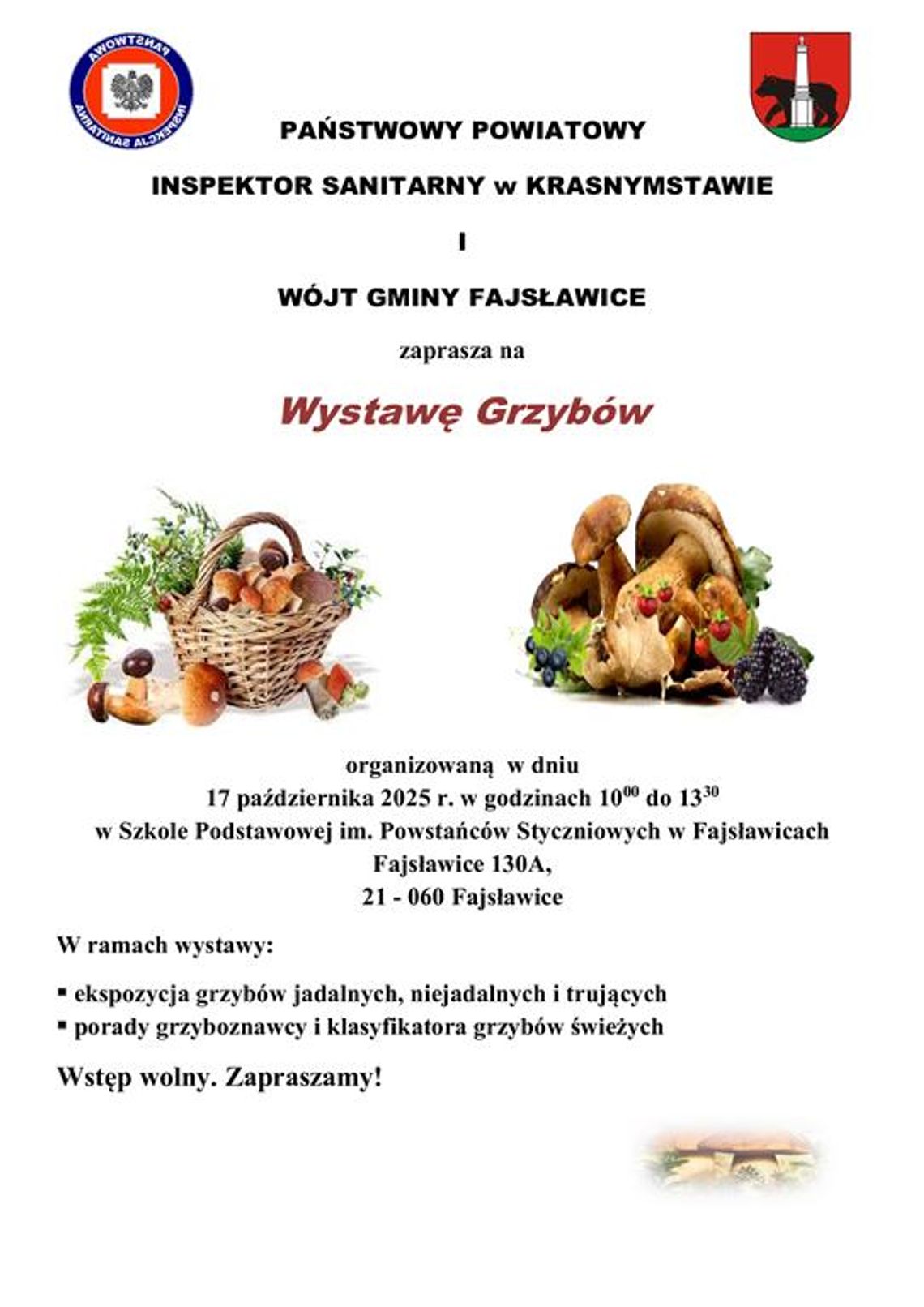 Plakat informuje o wystawie grzybów, która odbedzie się 17 października 2025r. w Szkole Podstawowej im. Powstańców Styczniowych w Fajsławicach