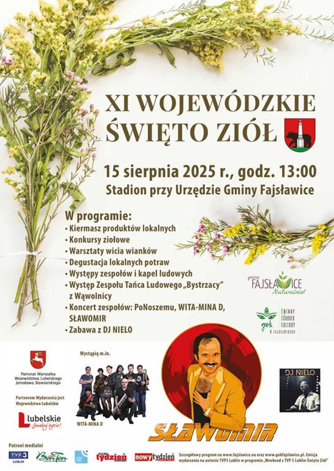 Plakat informuje o wydarzeniu XI Wojewódzkim Święcie Ziół, które odbedzie się 15 sierpnia 2025r. na stadionie przy Urzędzie Gminy Fajsławice