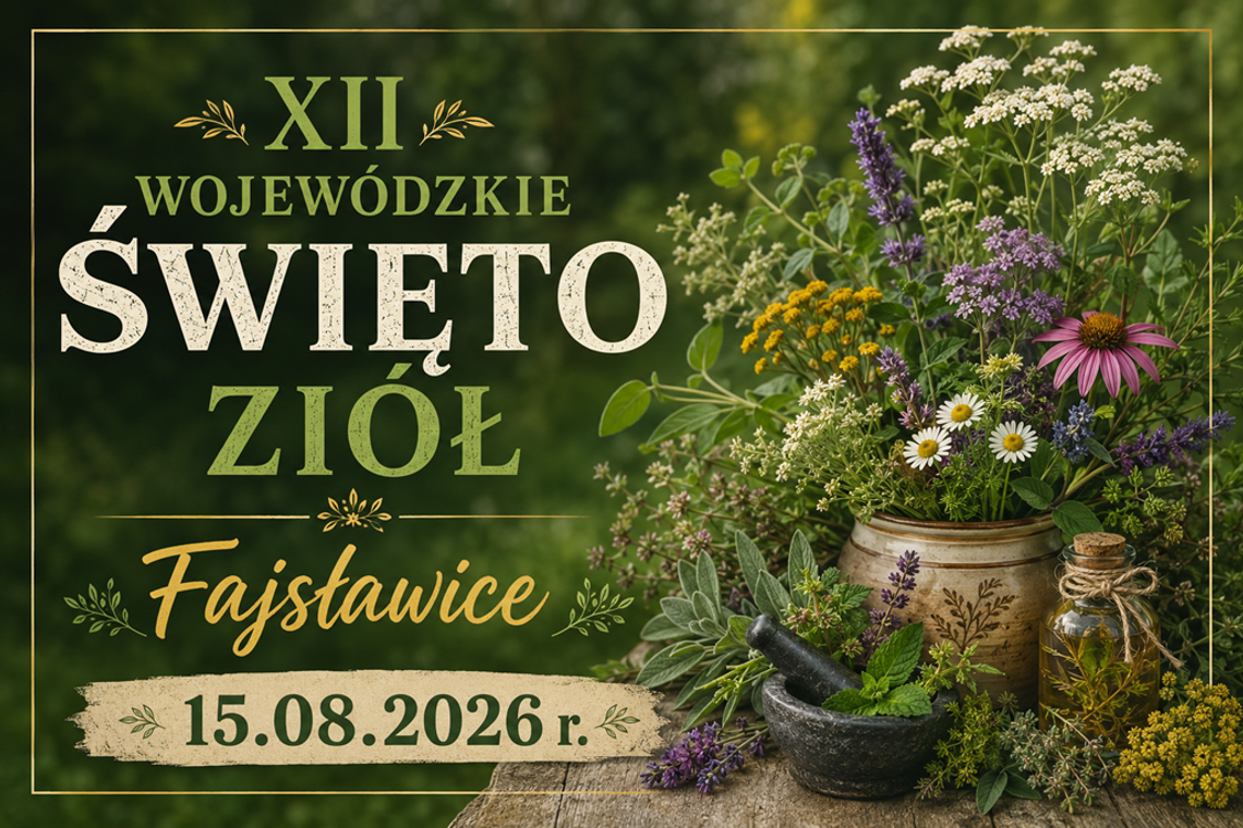 Zapraszamy na XII Wojewódzkie Święto Ziół Grafika informuje o XII Wojewódzkim Święcie Ziół, które odbędzie się 15 sierpnia 2026r. w Gminie Fajsławice