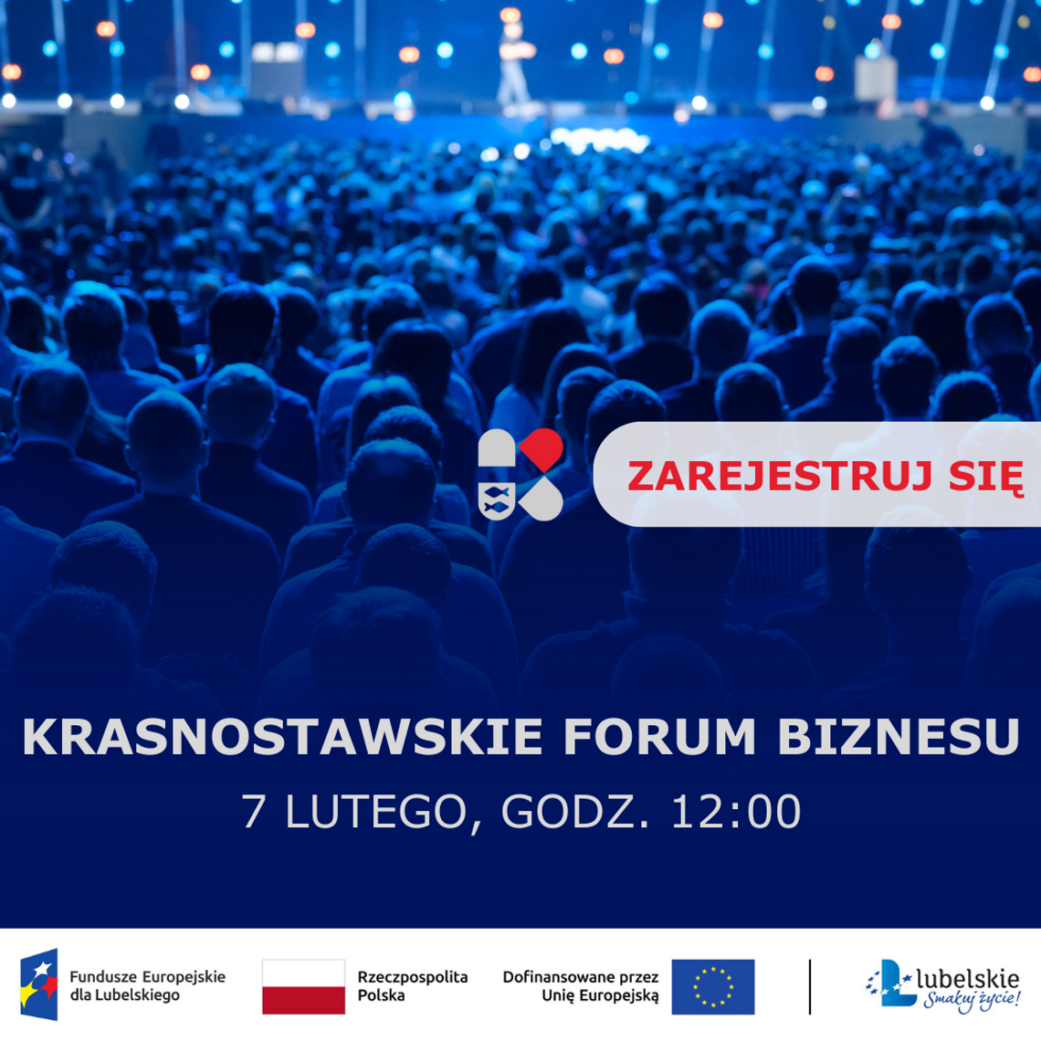 Grafika informuje o Krasnostawskim Forum Biznesu, które odbędzie się 7 lutego 2025r. o godz. 11:00 w Krasnostawskim Domu Kultury