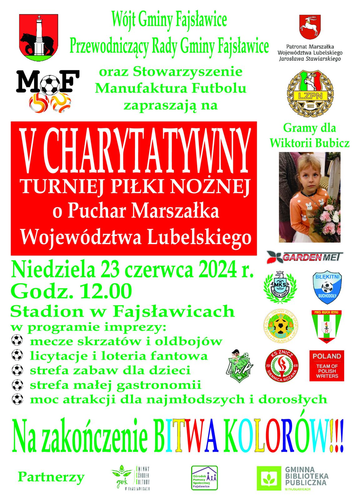 Plakat informuje o V Charytatywnym Turnieju Piłki Nożnej, który odbędzie się 23 czerwca 2024r. na boiskach sportowych w Fajsławicach