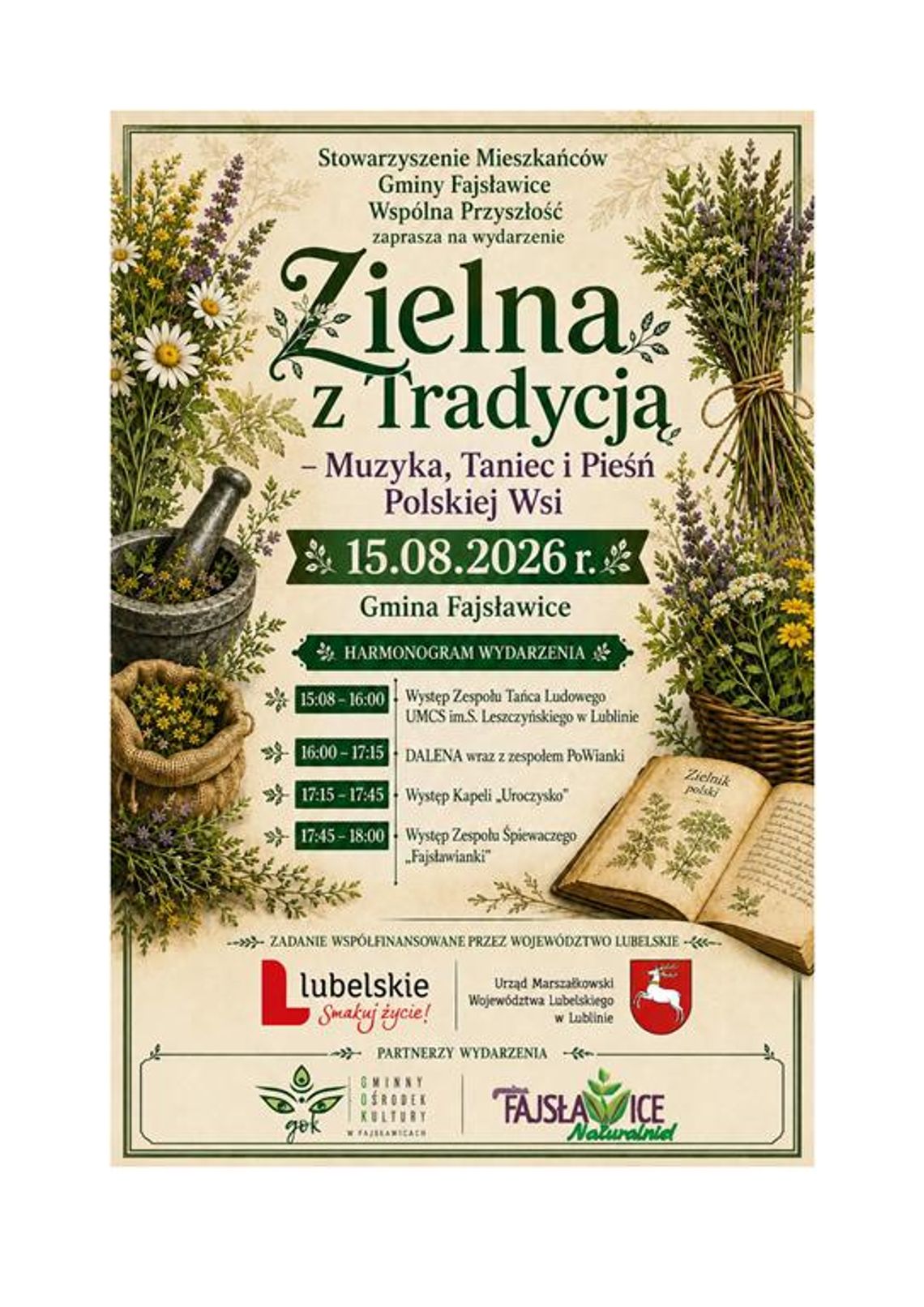 Plakat informuje o wydarzeniu „Zielna z Tradycją – Muzyka, Taniec i Pieśń Polskiej Wsi”, które odbędzie się 15 sierpnia 2026r. na terenie Gminy Fajsławice