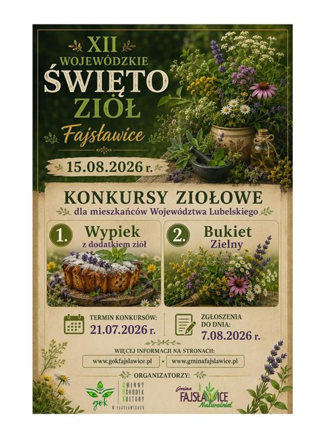 Ziołowe konkursy XII Wojewódzkiego Święta Ziół Plakat informuje o Ziołowych konkursach XII Wojewódzkiego Święta Ziół