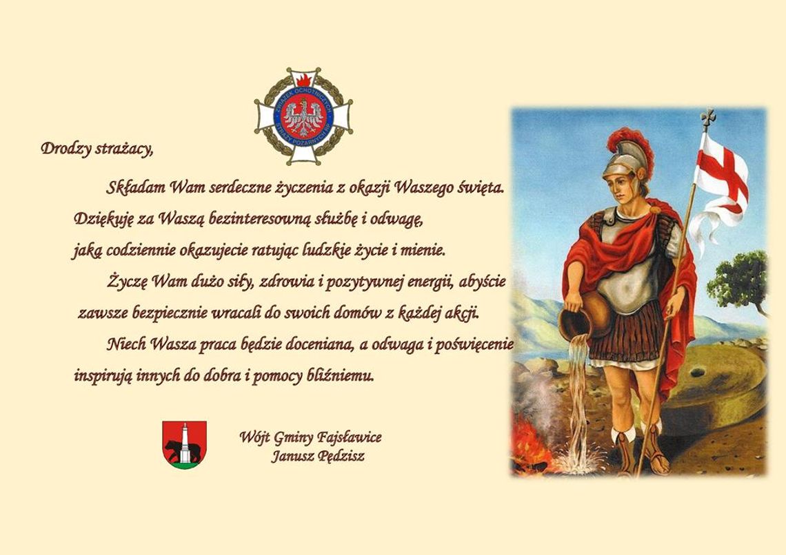 Grafika przedstawia życzenia z okazji Dnia Strażaka, który obchodzony jest 4 maja