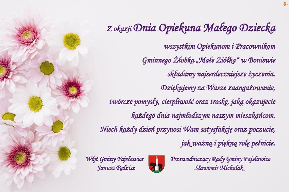 Grafika przedstawia życzenia z okazji Dnia Opiekuna Małego Dziecka od Samorządu Gminy Fajsławice