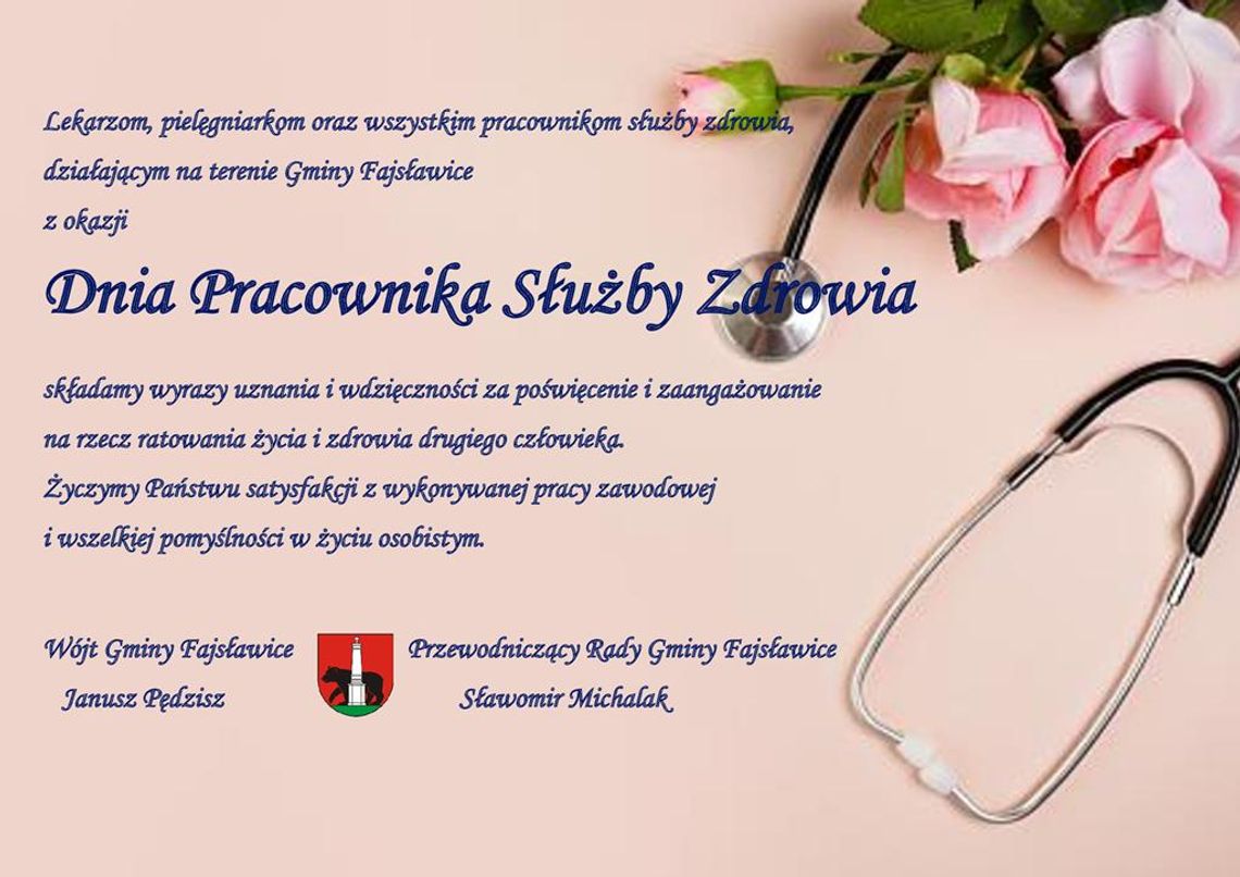Grafika przedstawia życzenia z okazji Dnia Pracownika Służby Zdrowia, który przypada na 7 kwietnia